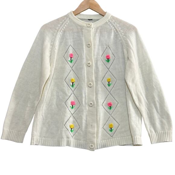 Vintage White Hand Embroidered Rosebud Knit Cardigan Sweater Cottagecore Grandma - Picture 1 of 6